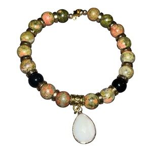 REESELYN CREATIONS Handcrafted Gemstone Unakite Bead Bracelet w/ Moonstone Charm